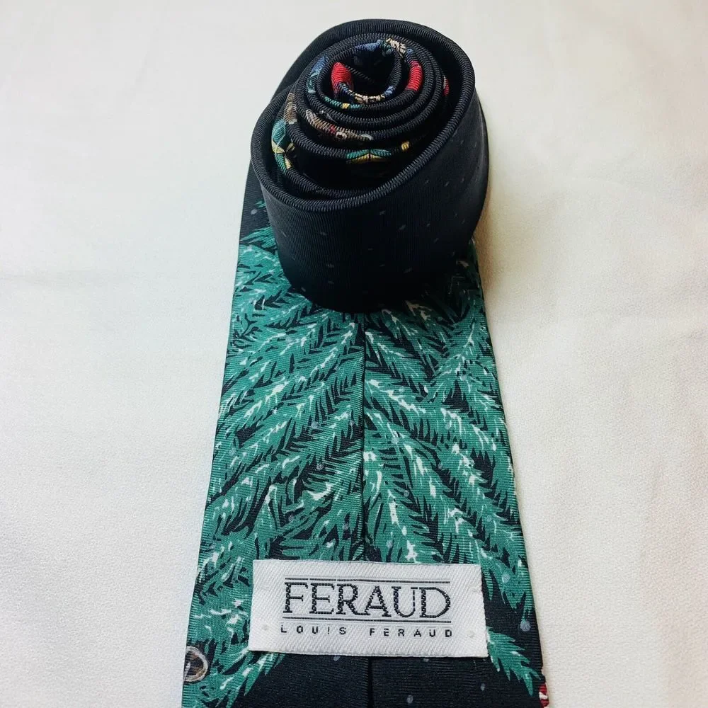 Louis Feraud Christmas Silk Necktie Tie Santa Claus Skis Skiing Outdoorsy Office